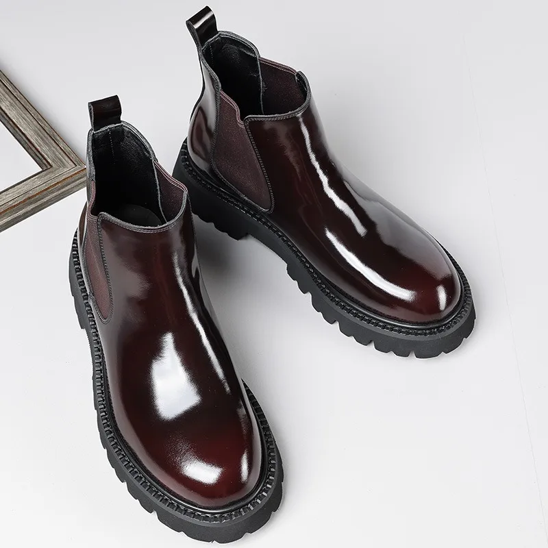 

Мужские ботинки челси в британском стиле, кожаные деловые туфли с высоким берцем, блестящие оксфорды на толстой подошве