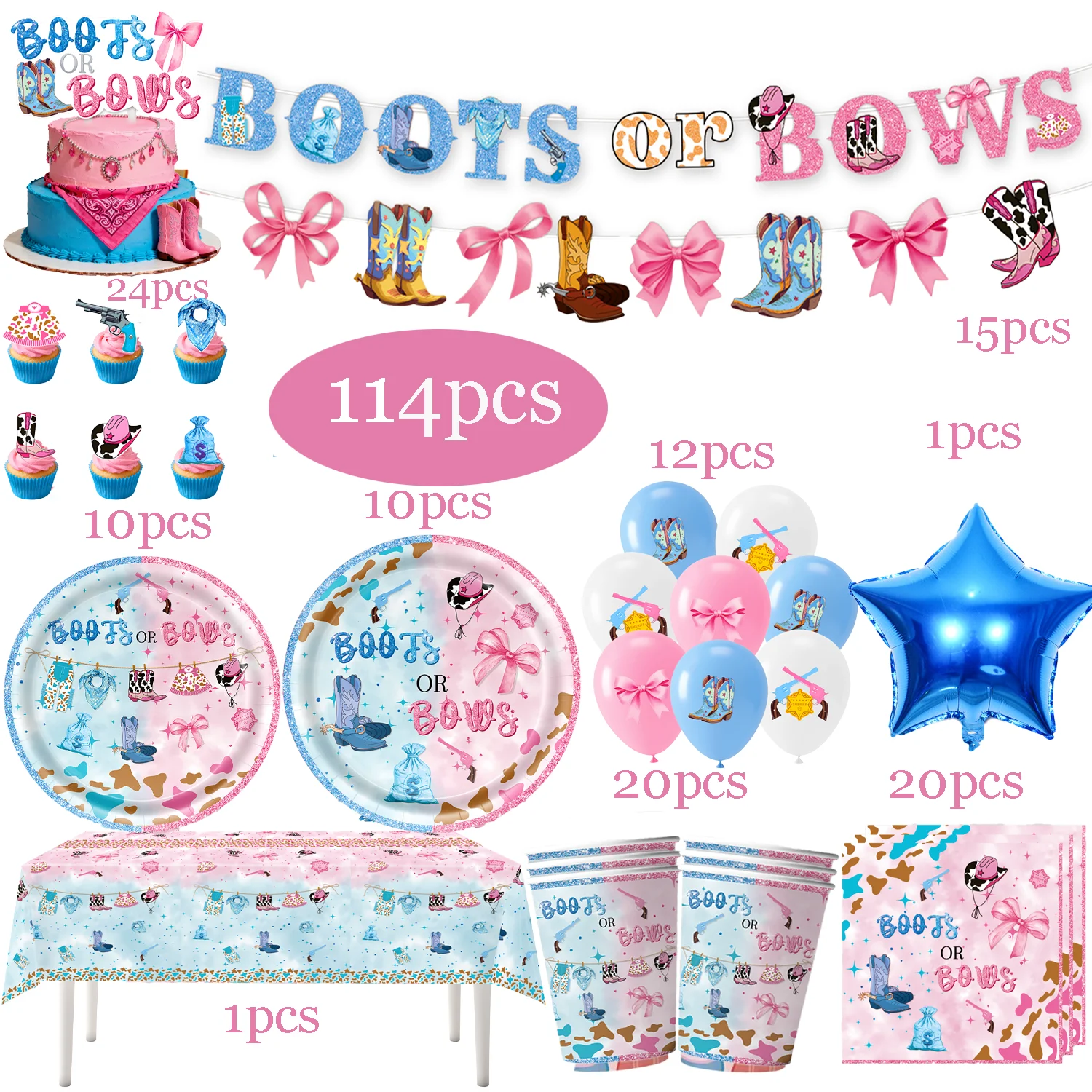 

Pink and Blue Bow Disposable Tableware Cowboy Gender Unveiling Party Baby Baptismal Paper Plate Paper Cup Tissue Banner Supplies