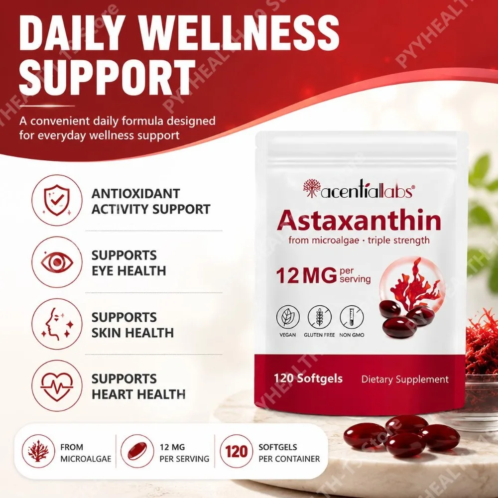 acentiallabs Astaxanthin 12mg – Triple Strength Microalgae Antioxidant Softgels for Antioxidant Activity & Skin Health 120 Ct