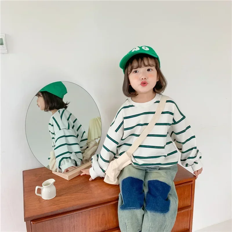 

2025 boys and girls loose long sleeve striped sweatshirts kids thicken casual clothes warm Tops Autumn Winter