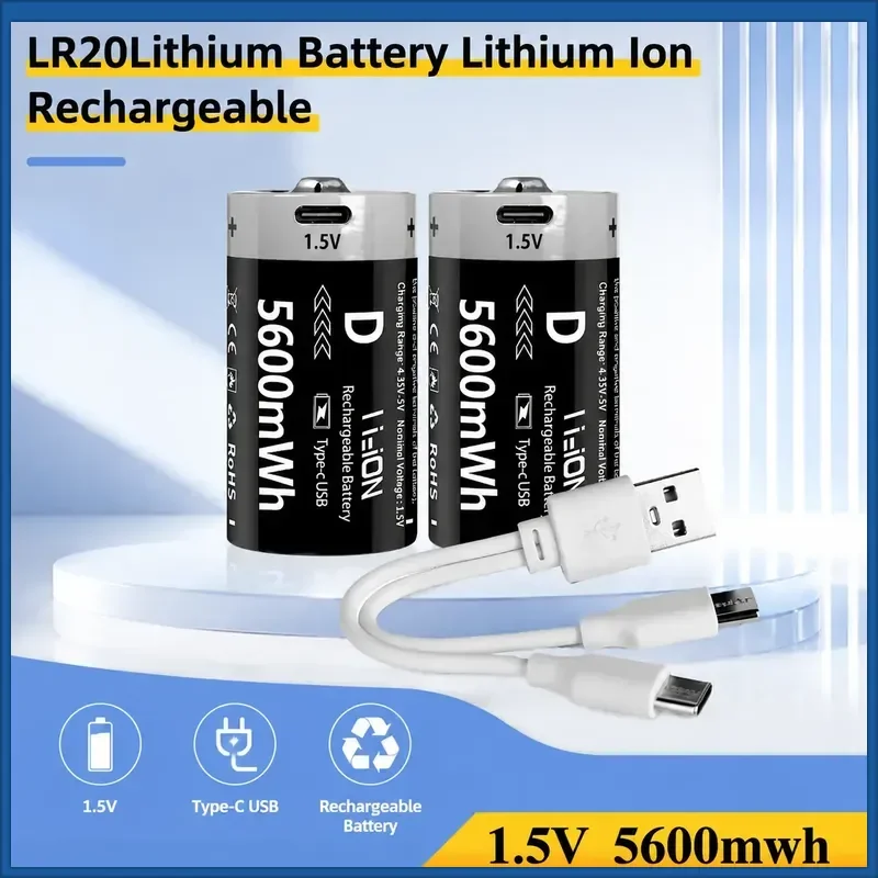 USB 5600mWh D-type Battery LR20 Lithium Battery Lithium Ion Rechargeable D-type Battery 1.5V Suitable for Gas Appliances