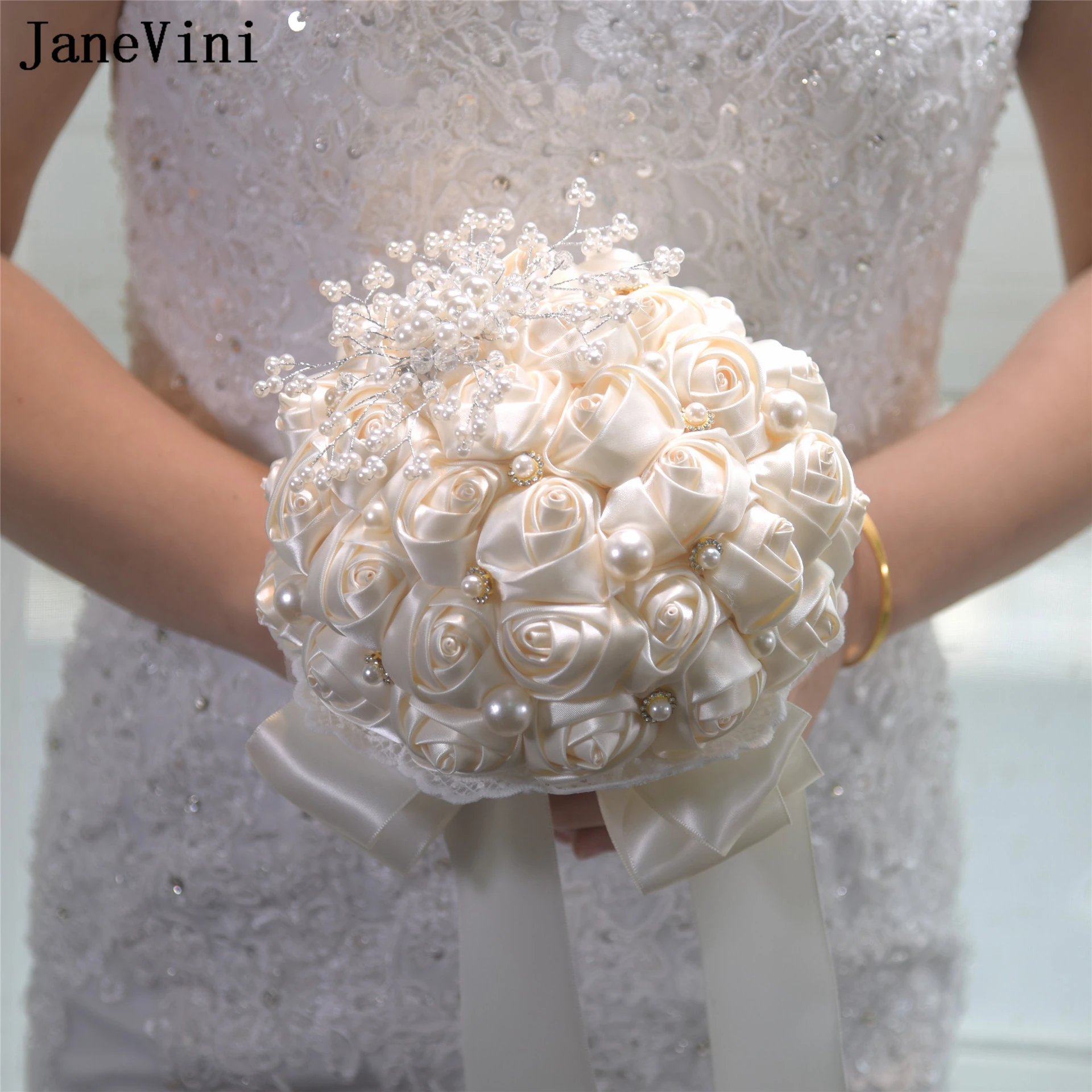 JaneVini Korean Ivory Bridesmaids Bouquets with Pearls Artificial Satin Roses Bride Holding Flowers Bouquets Wedding Accessories