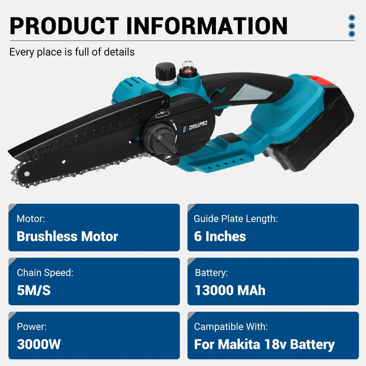 Drillpro-motosserra elétrica com tanque de óleo, 6 Polegada, 2000R/min, sem escova, velocidade variável, ferramenta para madeira para bateria Makita