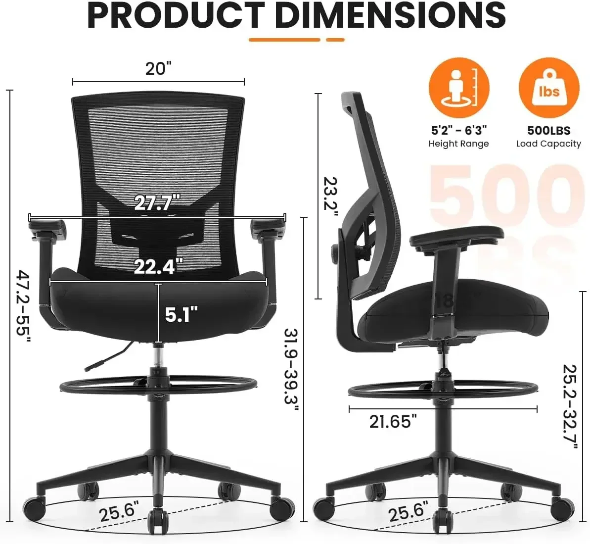 Tall Office Chair For Standing Desk Drafting Chair With Wide Seat 2D Adjustable Lumbar Support Ergonomic Chair With Footrest For