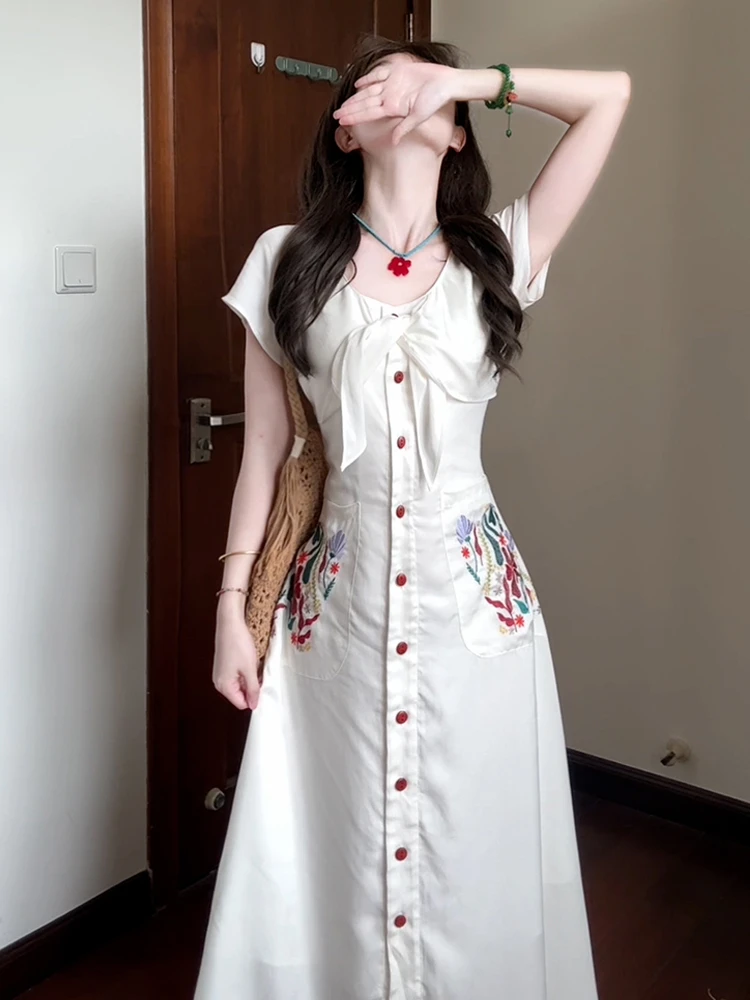 Robe brodée rétro blanche pour femmes, nouvelle collection été 2021, taille haute, ligne a, Dr Ele, jupe longue qui emettant la taille, douce