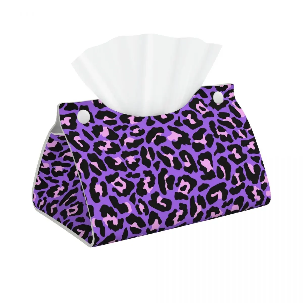 Custom Neon Purple And Pink Leopard Pattern Facial Tissue Box Cover Rectangular Animal Cheetah PU Leather Tissue Box Holder for