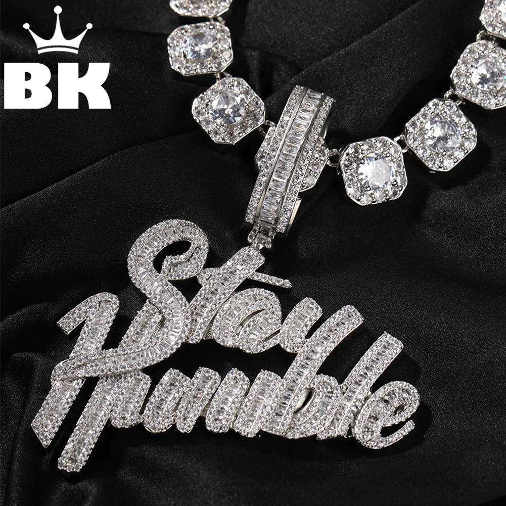 Bubble Letter Stay Humble Pendant Necklace Micro Paved 5A Baguette CZ 12mm Square Chain Rapper Style Bling Hip Hop Men Jewelry