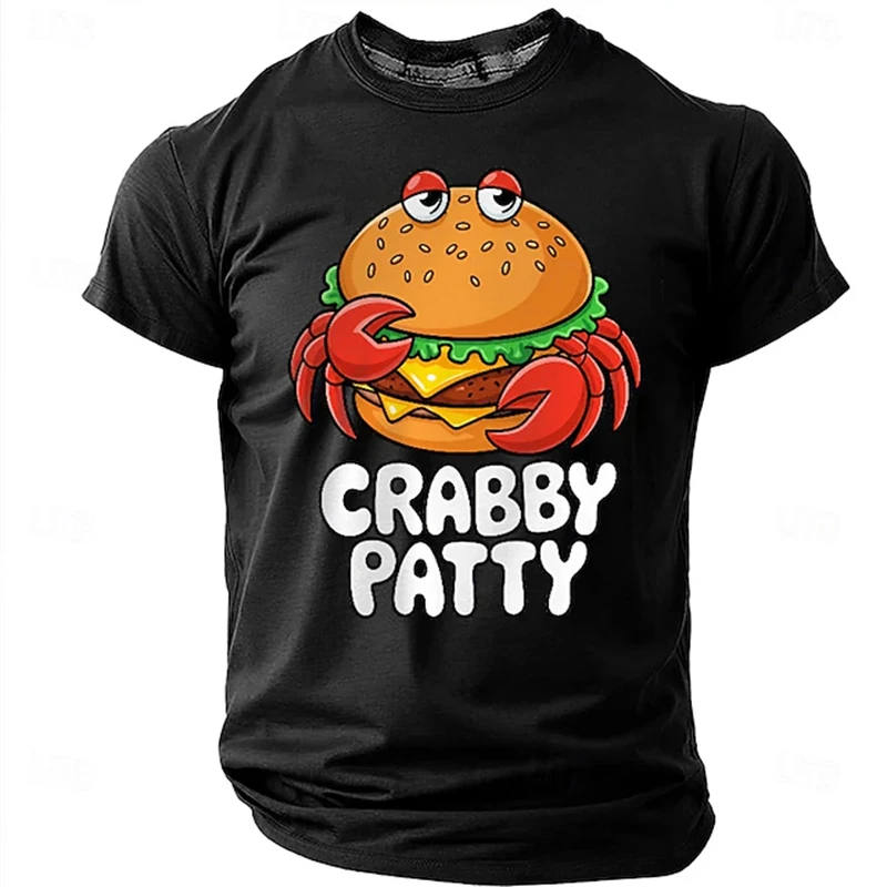 New Summer Men's Short-Sleeve T-Shirt With Cartoon Crab Burger Print—Round-Neck Casual Loose-Fitting Fun Men Streetwear T-Shirt