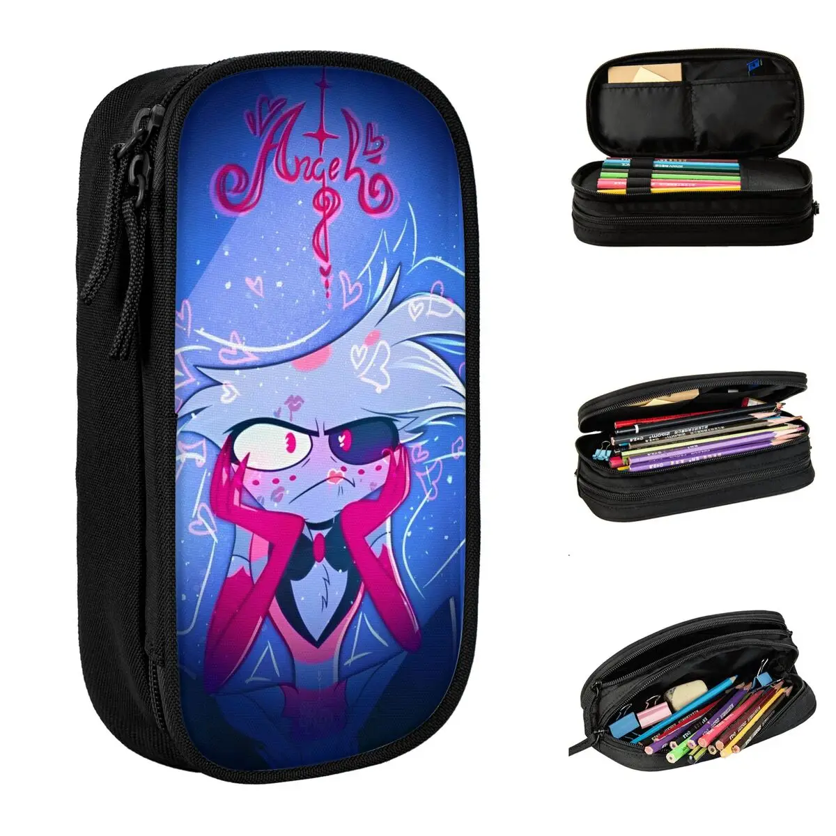 أنيمي Helluva Boss مقلمة مقلمة القلم لفتاة صبي حقيبة تخزين كبيرة اللوازم المدرسية سستة القرطاسية