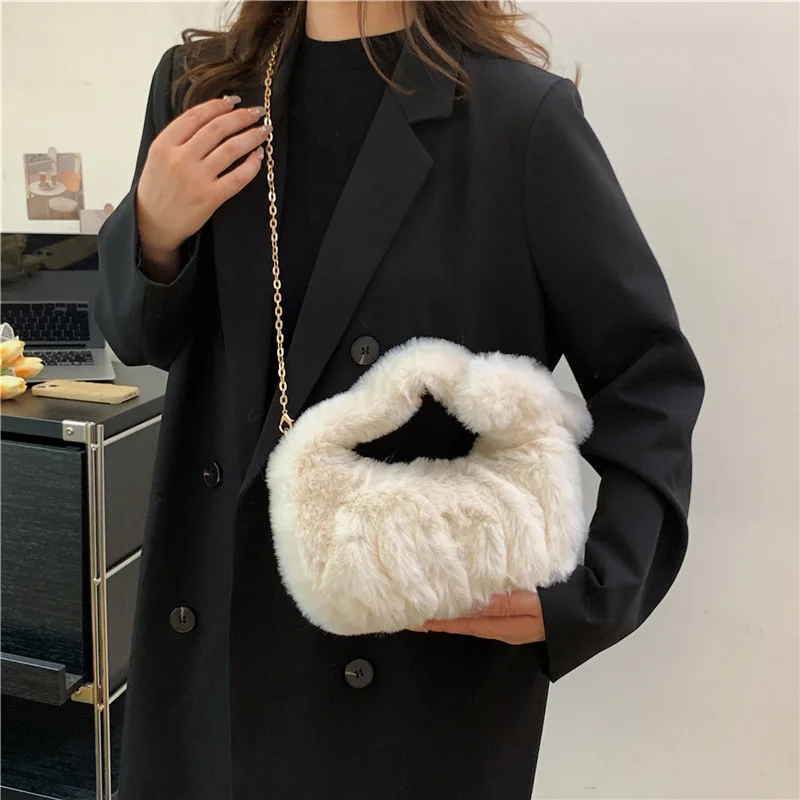 숄더백 2023 Winter Korean Faux Fur Shoulder Bags For Women Imitation Rabbit Hair Solid Color Top Handle Bag Metal Chain Crossbody