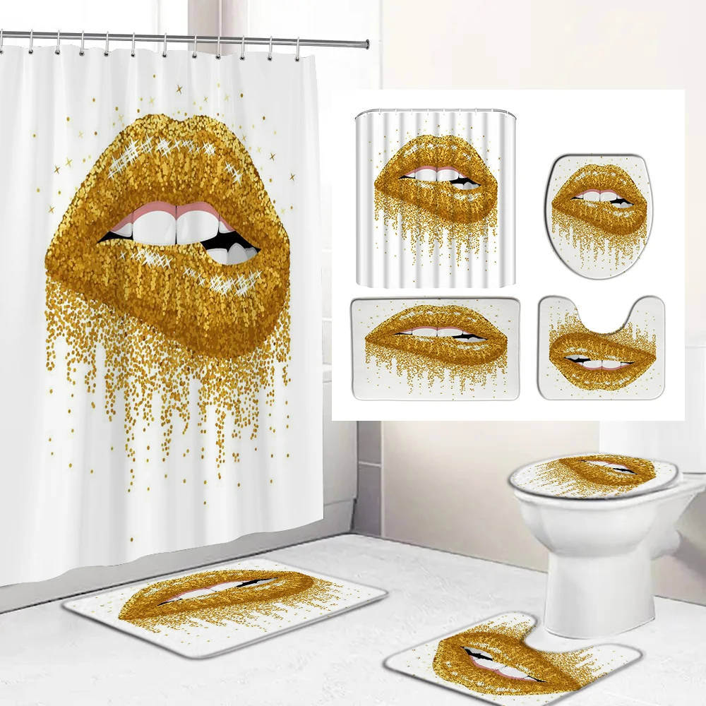 Cosmetics Golden Lips and Romantic Love 3d Shower Curtain 4pcs Set Custom Hooks Printed Decor Bathroom Waterproof Cover Screen