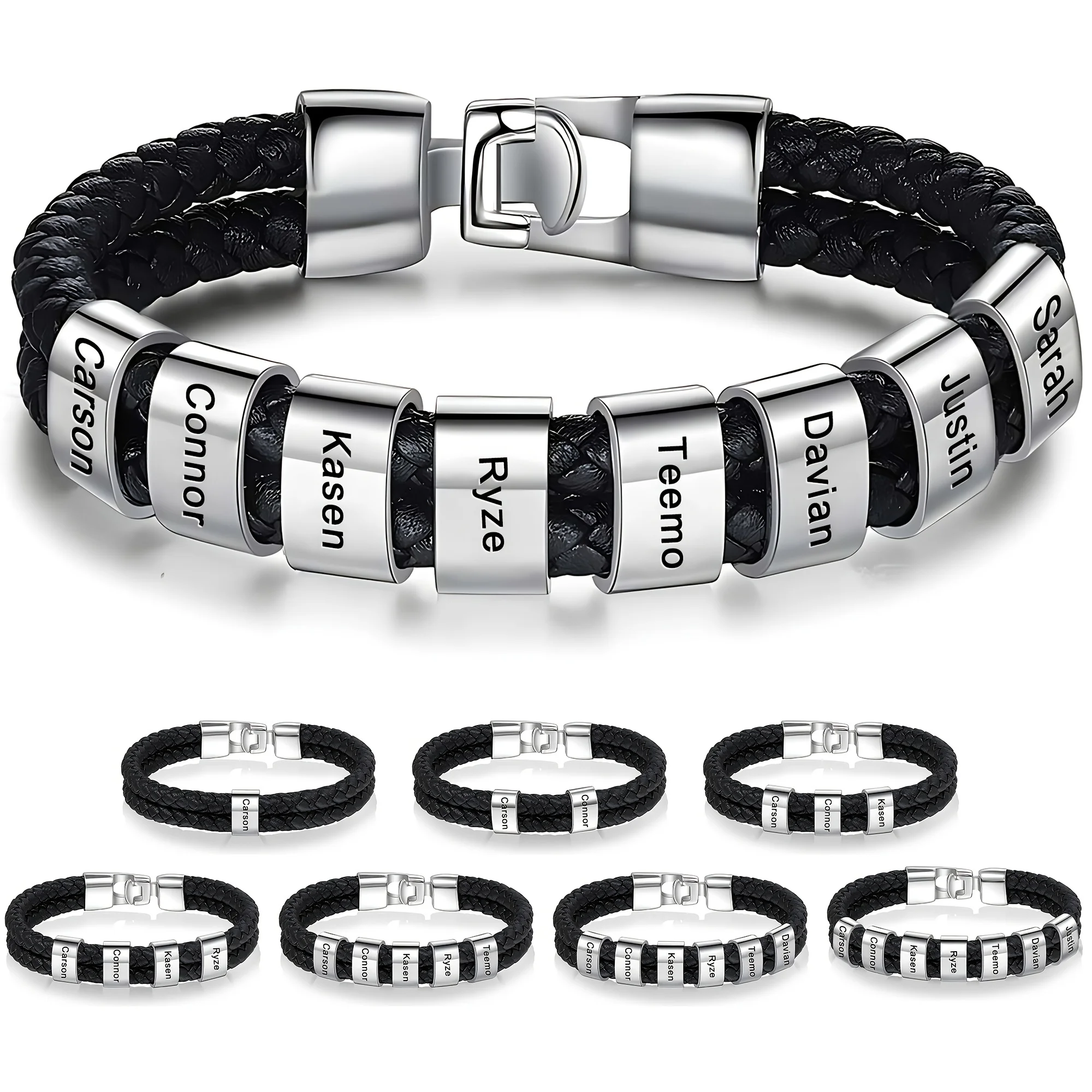 

Personalized Men Braided Leather Bracelets with Custom Beads Engraved Family Name Stainless Steel Charm Bracelets for Men Dad