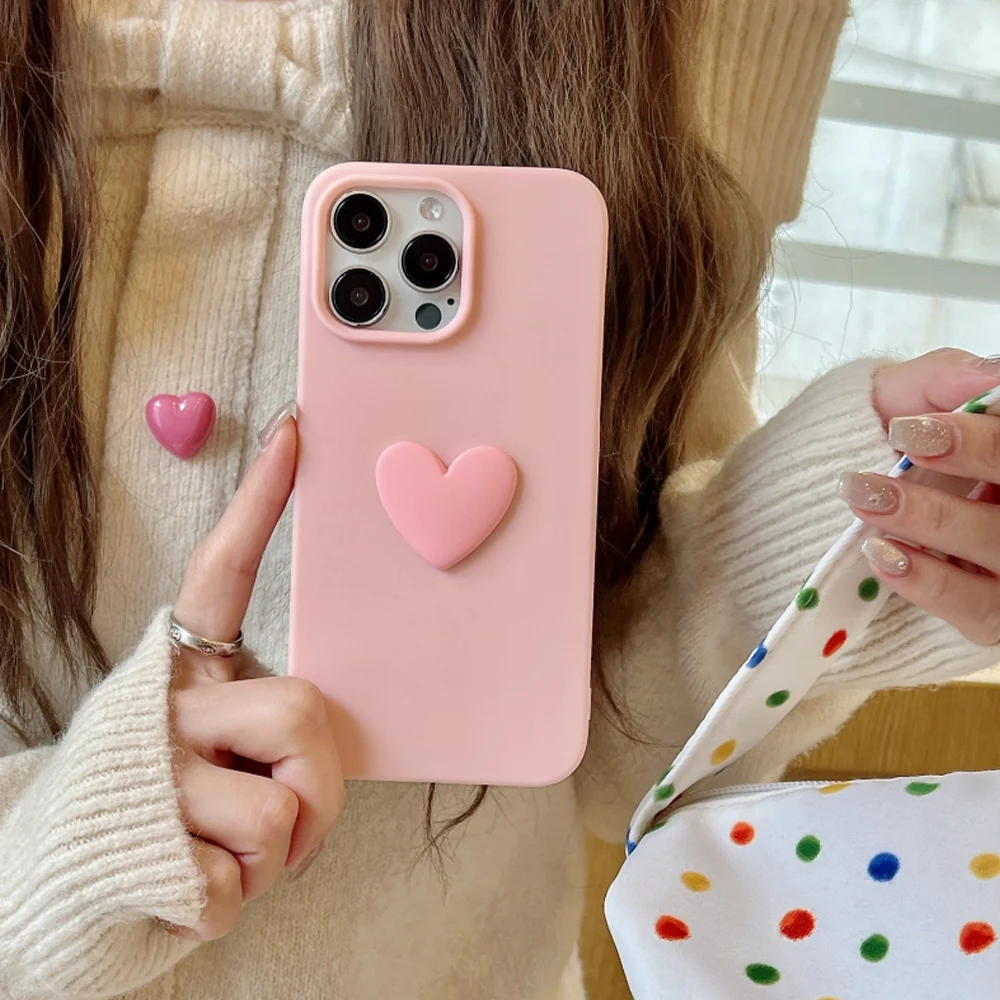 Candy Color 3D Love Heart Skin Feel Borderless Soft Shell Frosted Phone Case For iPhone 11 12 13 14 15 16 Pro Max X XR XS Cover