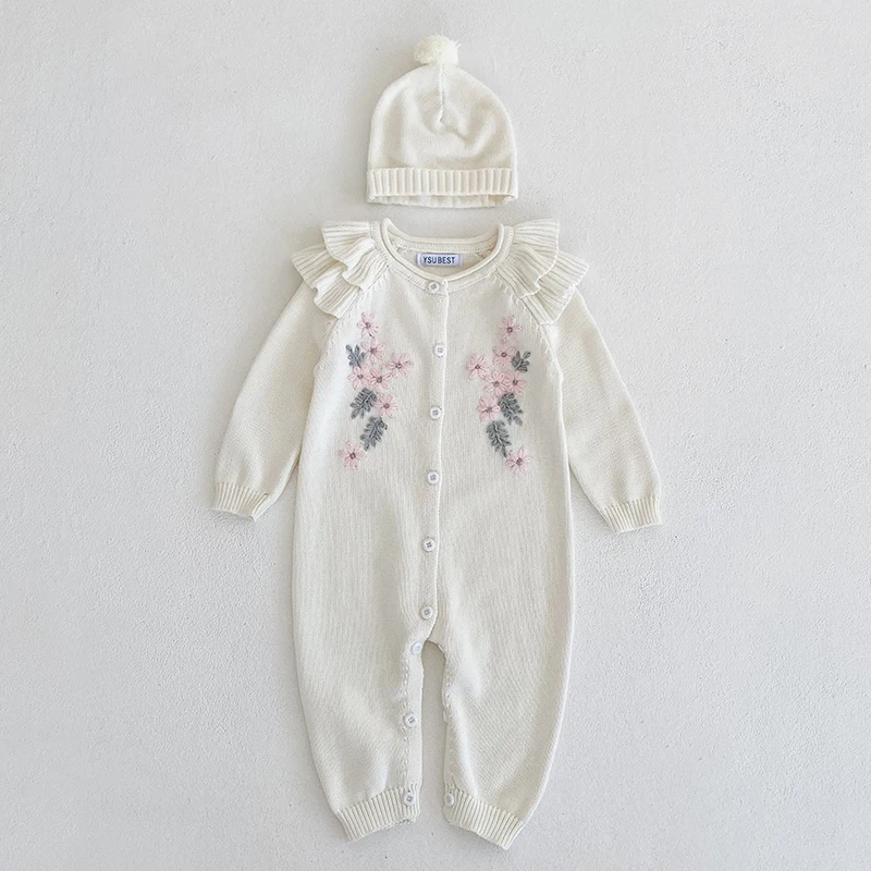 2024 New Toddler Baby Girl Knitting Romper+Hat Floral Embroidery Long Sleeve Autumn Spring Infant Baby Girls Knitting Jumpsuit