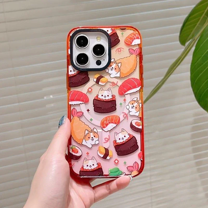 

Cute Dog Sushi Peach Gradient Border 2.5 Acrylic Magnetic Phone Case Cover for IPhone 13 14 15 Pro Max Case