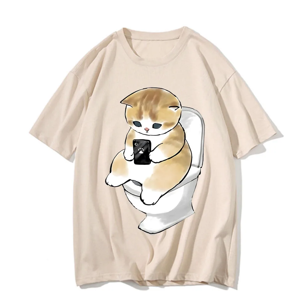 Cute Kitten Cat Play Games Print Avant-garde Fashion Trend Loose Cotton Round Neck Short Sleeve Men's T-shirt Korean Clothing