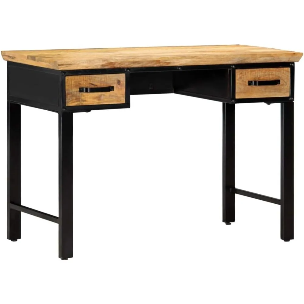 

Solid mango rectangular writing desk with 2 drawers, brown industrial style computer desk, suitable for home or office use