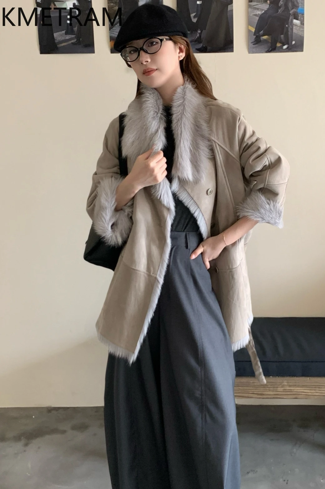 KMETRAM 100% Natural Goat Sheepskin Wool Fur Coat with Removable Belt Light Grey Winter Women Clothing 2025 manteaux hiver femme