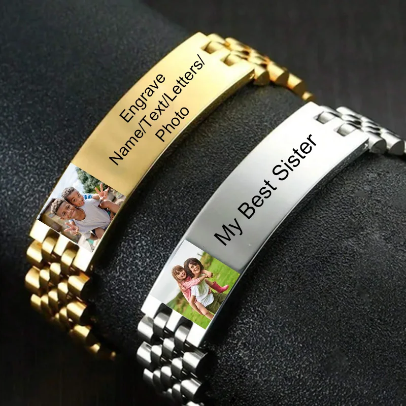

Nextvance Custom Wide Bracelet Engraved Name Text Photo For Women Men Personalized Stainless Steel Wrist Chain Jewelry Gifts