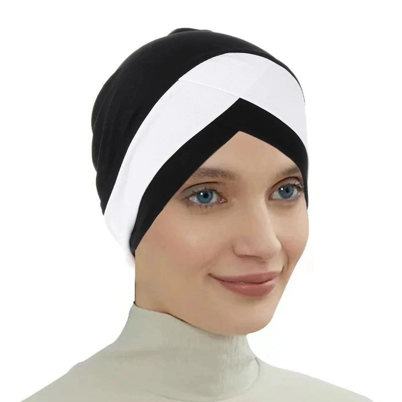 2024 New Forehead Cross Hijab Cap for Solid Color Soft Elastic Muslim Head Wrap Women Turban Bandana Bonnet Headscarf