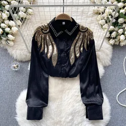 Vintage Rhine Stone Sequin Lantern Long Sleeve Blouse Slim Elegant Fashion Crop Top Sexy Spring Autumn Women Shirt