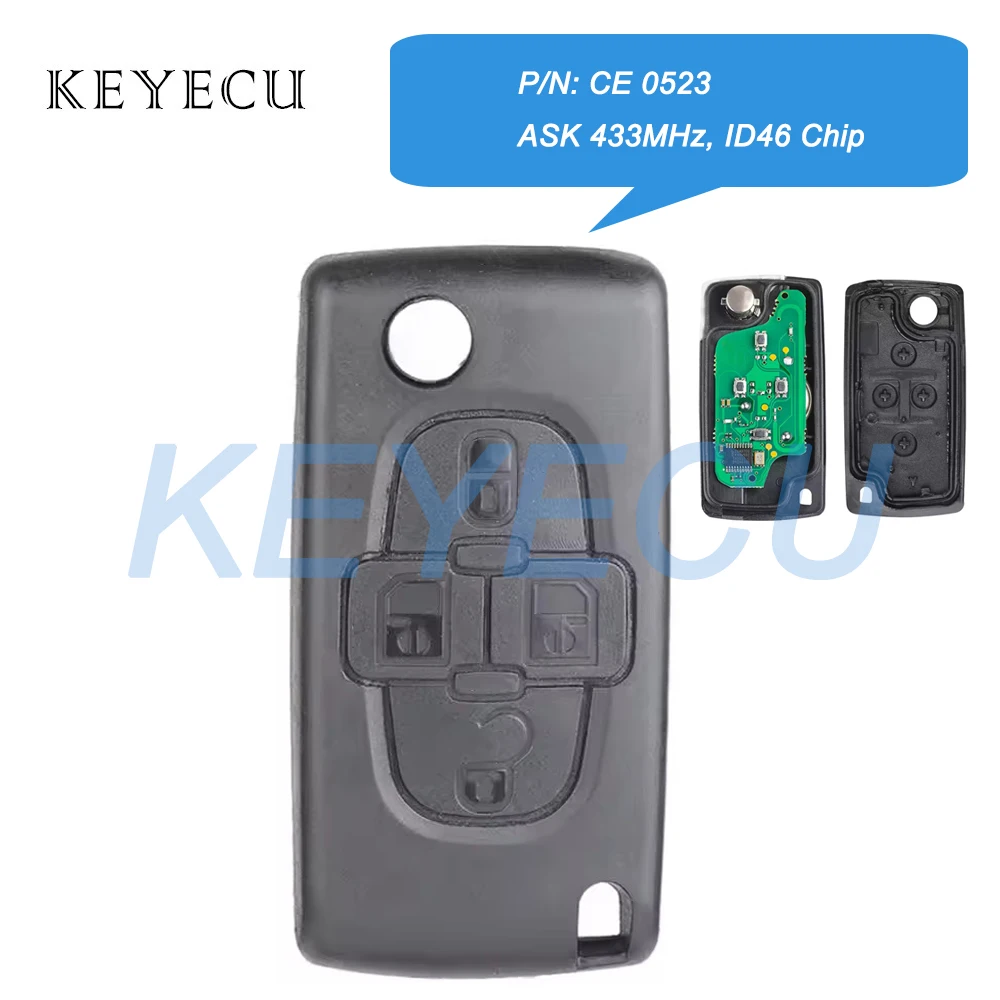 

Keyecu CE0523 CE 0523 ASK 433MHz ID46 PCF7941A Chip Flip Remote Car Key Fob 4Buttons Replacement for Peugeot 1007 for Citroen C8