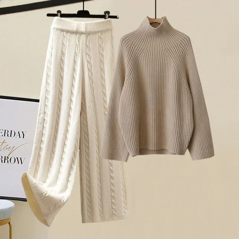 3 Piece Sets Women Korean Turtleneck Knitted Sweater+woolen Parkas Vest+Elatic Wide Leg Knitting Pants Sets Winter Outwear