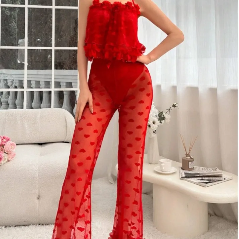 Women's Pajamas Strap Lace Top Transparent Pants Sexy Lingerie Women Mesh Love Pants Camisole Halter Tops Sleepwear for Sleeping