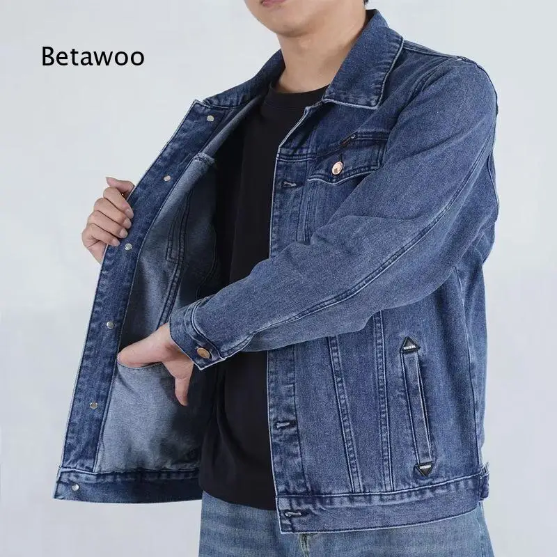 Mens Thick Denim Jacket Spring Loose Plus Size Workwear Coat Turn Down Collar Multi Pockets Outerwear For Male Daily Street Casu