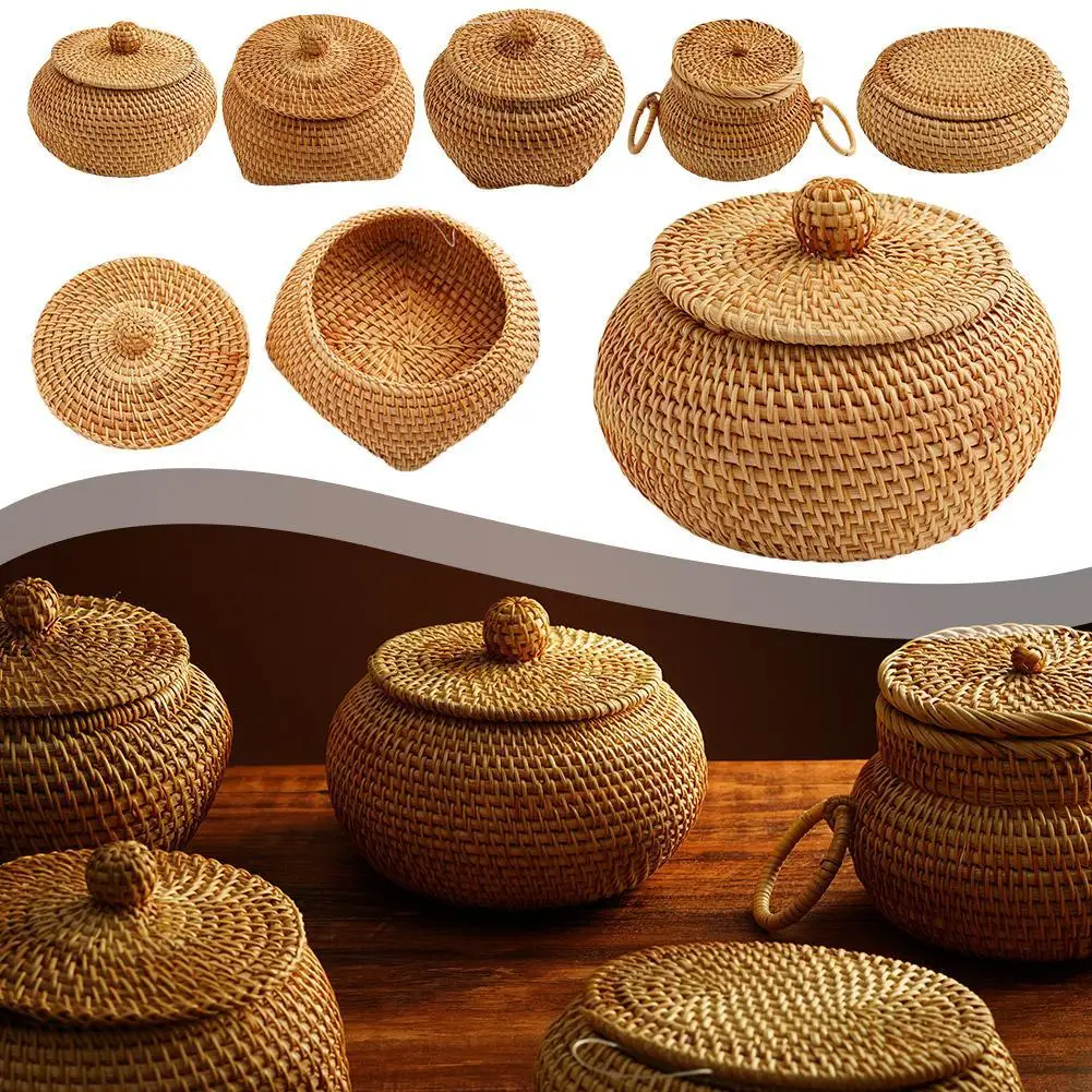 Round Rattan Box With Lid Hand-Woven Multi-Purpose Wicker Storage Desktop Bread Decoration Food Basket Storage Picnic Tray Q4R4