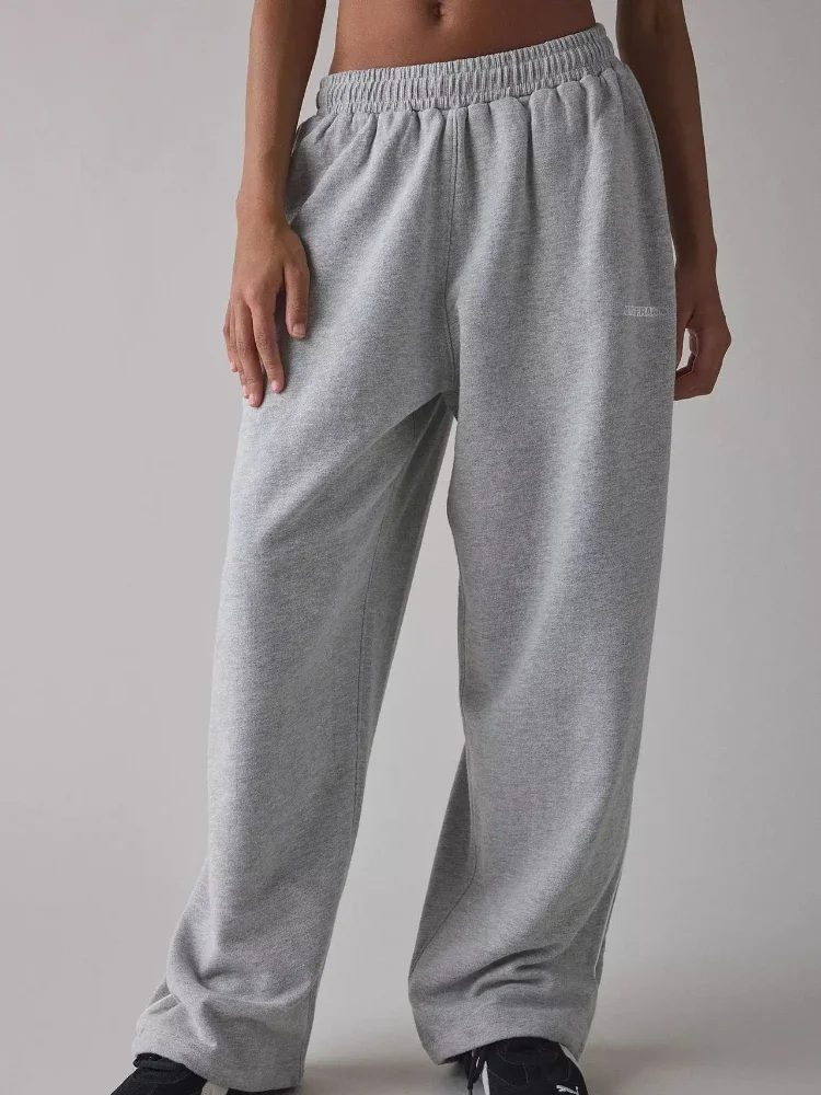 HOUZHOU Gray Y2k Letter Embroidery Women Sweatpants Casual Loose Pink Joggers Wide Leg Straight Pants Classic Sports Trousers