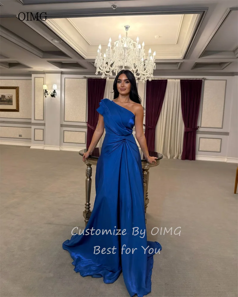 OIMG Royal Blue Strapless A Line Prom Gowns Sleeveless Pleated Party Gown Floor Length Evening Dress vestidos de gala Customized