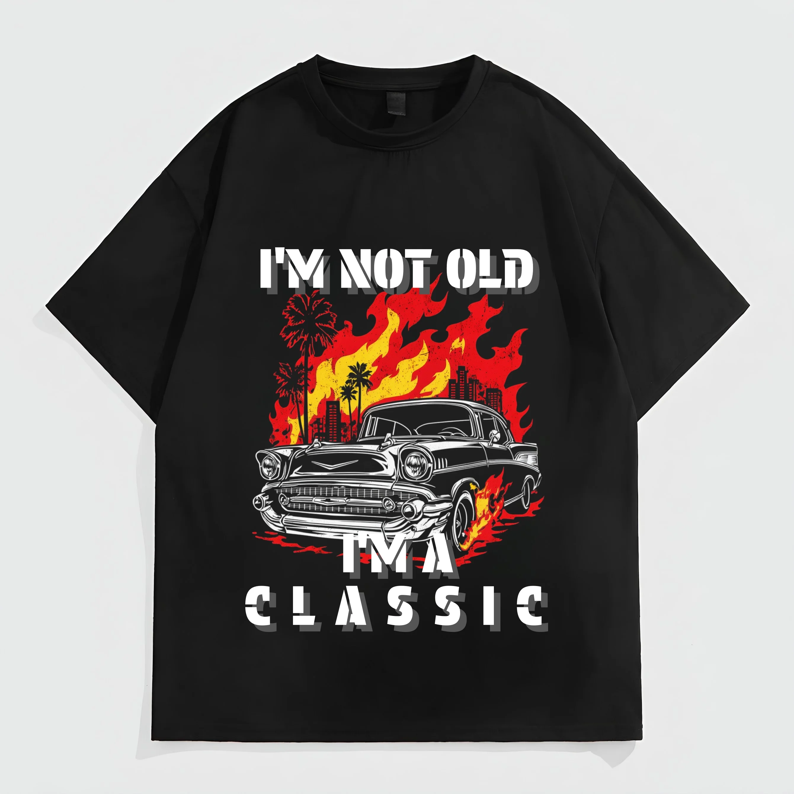 

Teevo Men's Short Sleeve T-Shirt Classic Car Flame Print I'M NOT OLD I'M A CLASSIC Graphic Tee for Casual Wear