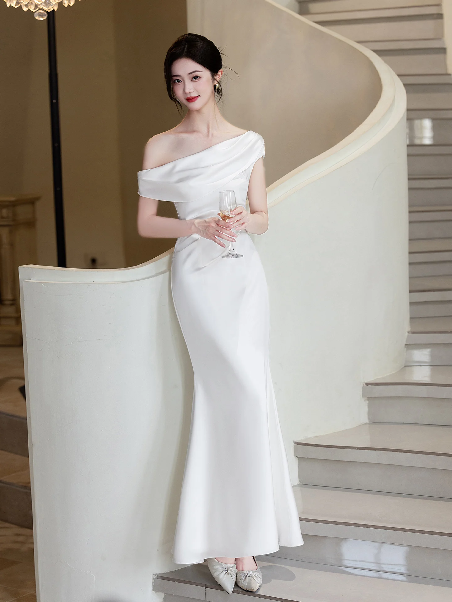 

Ele White Engagement Evening Gown Luxury mat Wedding Off-oulder Registry Dr Women's Faion Polyester Blend