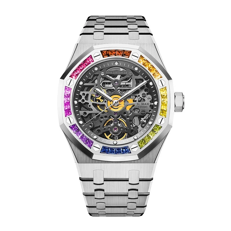 GEYA Automatic Men’s Mechanical Wristwatch, Hollowing Out Dial with Multi-Color Diamond Tonneau Stainless Steel Case Analog78061