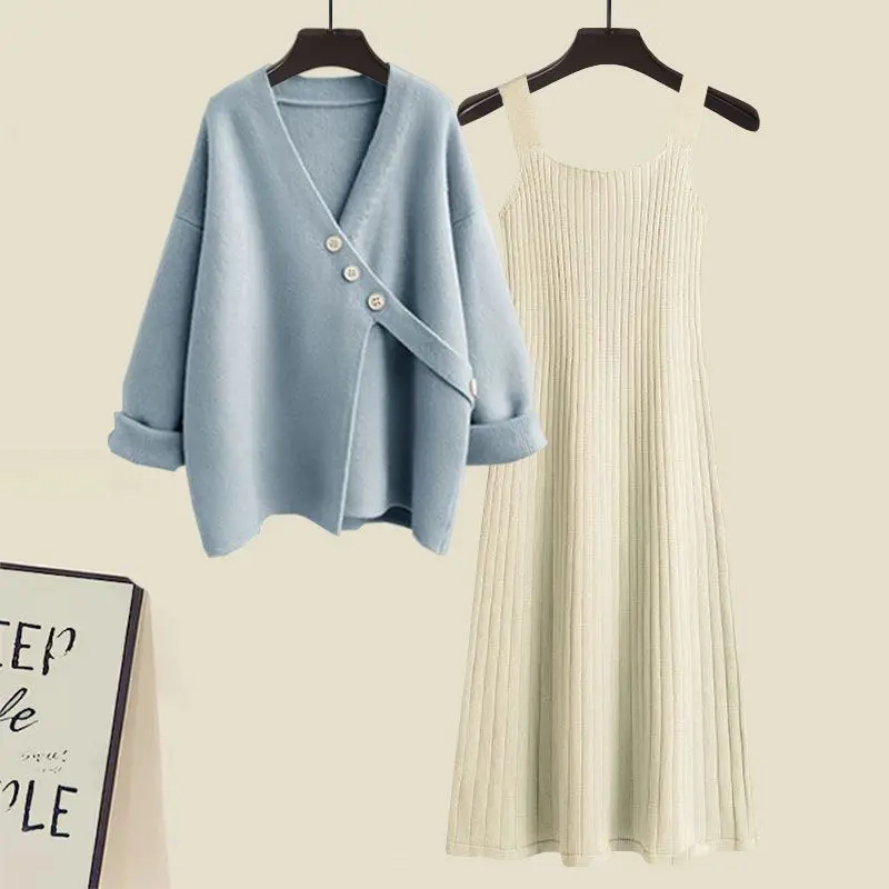 Autumn Winter Loose Sweater Pullover Tank Dress 1 or 2 Piece Set Women Fashion Button V-Neck Knit Tops Sleeveless Dresses Outfit