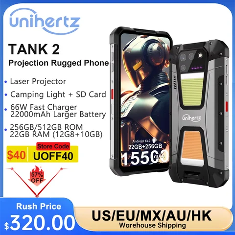 Unihertz TANK 2 Telefon z projektorem 22GB 256/512GB 32MP 108MP 64MP Night Vision Podwójne światło kempingowe 15500mAh G99 Obsługa TF SD NFC