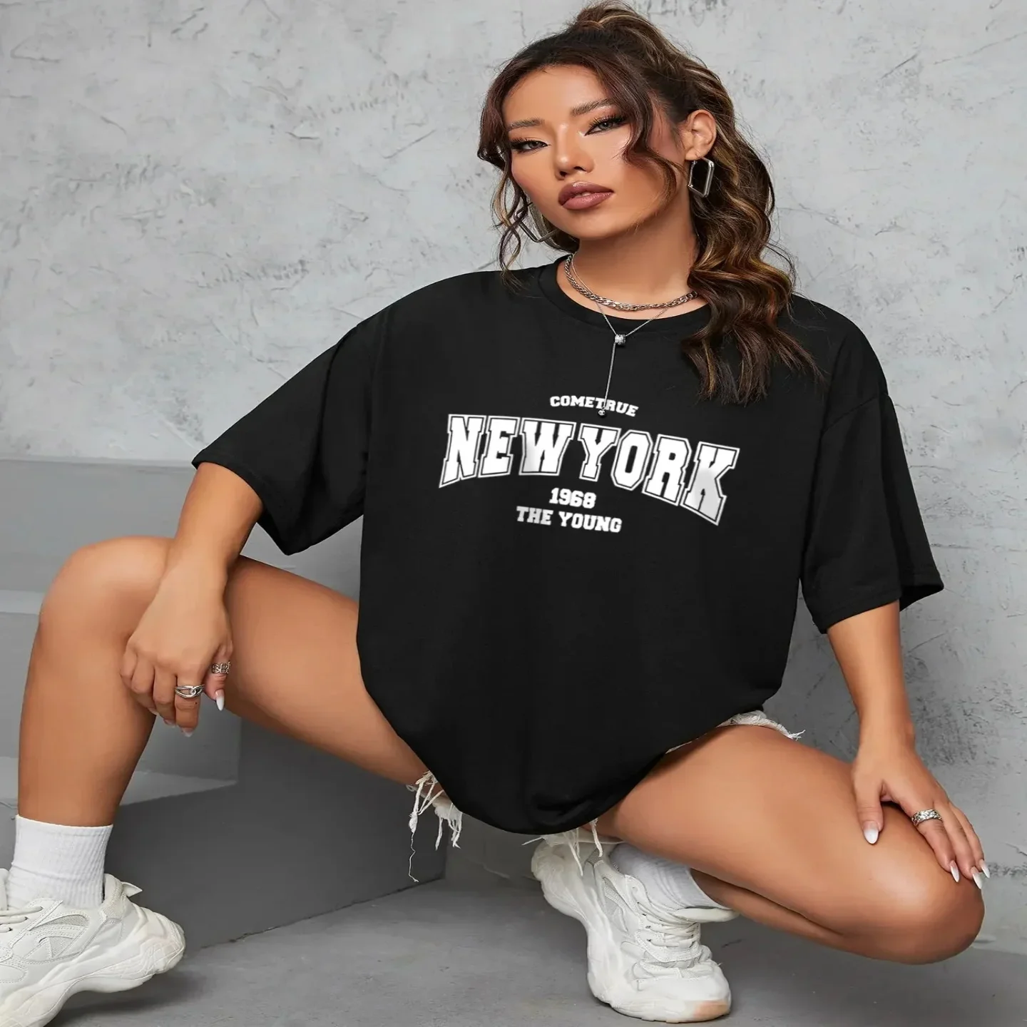 

Women's 968 New York Is Young T-irts O-Ne ort Sve Faionable Retro Sle Casual Top for Ladies