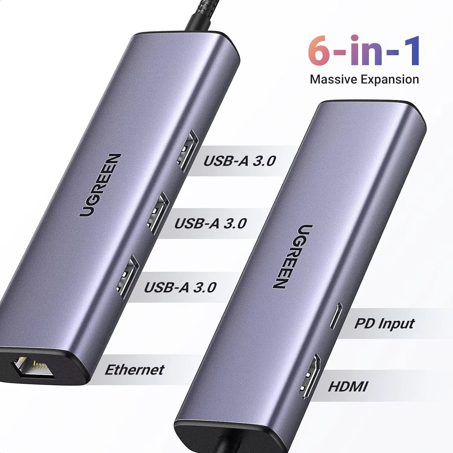

UGREEN CM512 Revodok 6-в-1 USB-C хаб с гигабитным Ethernet-адаптером, 4K-HDMI, зарядкой 100W PD и портами USB-A для передачи данных