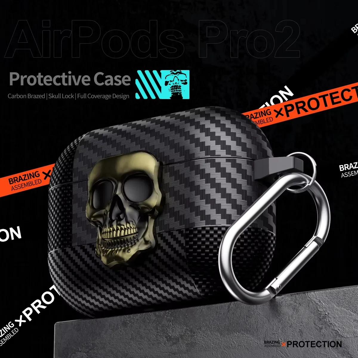 Funda con diseño de calavera personalizado con hebilla giratoria para Apple Airpods 4 AirpodsPro2/3, funda a prueba de golpes con patrón de fibra de carbono con llavero