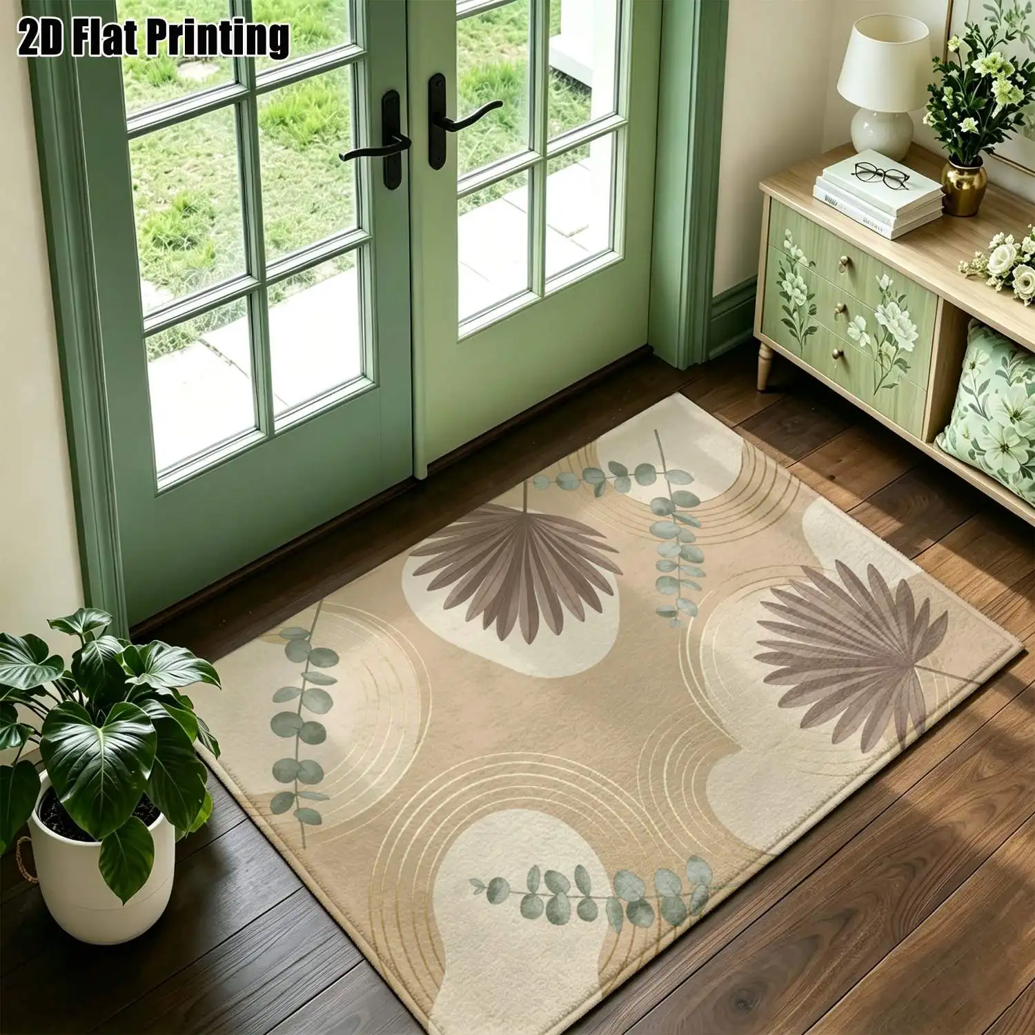 1Pc 2D Printed Eucalyptus Leaf Geometric Nordic Carpet, Machine Washable, Multi-Size Home Decor Mat for Multiple Scenes
