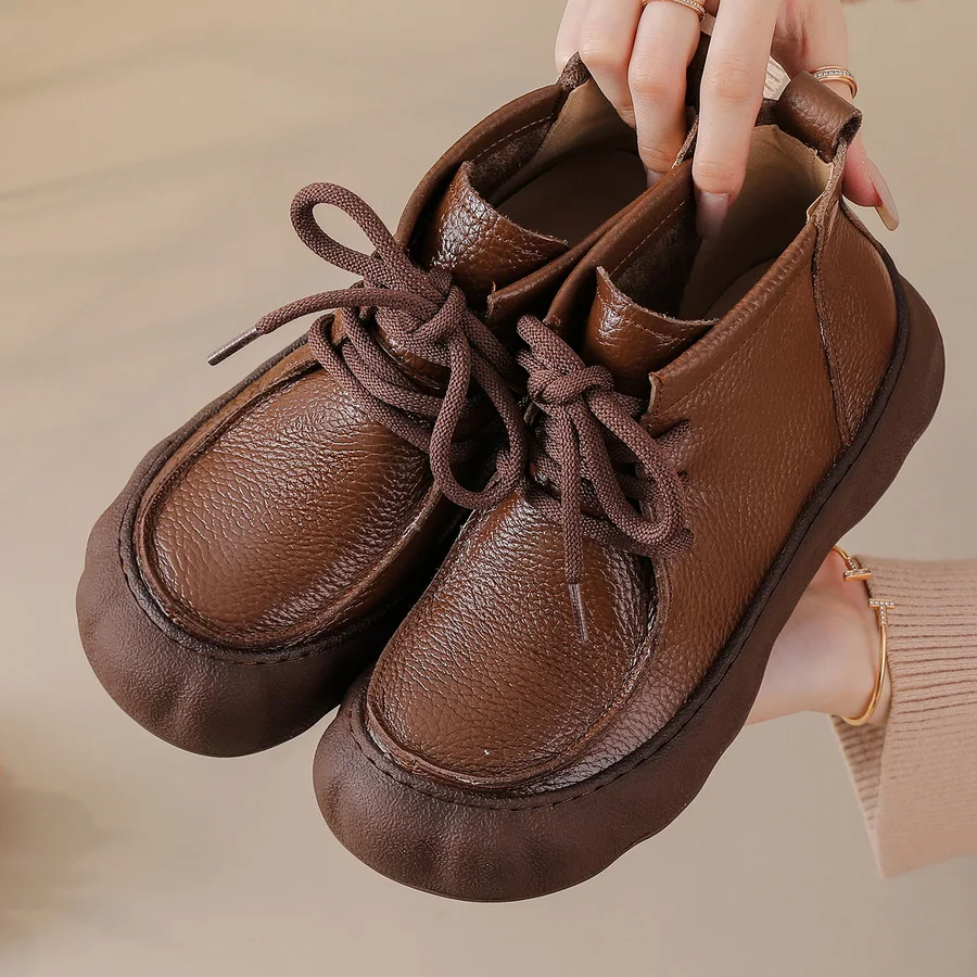 

New Genuine Cow Leather Boots Women's Lace Up Oxford Shoes Waterproof Ankle Boot Non Slip Snow Shoes Woman Short Plush Booties