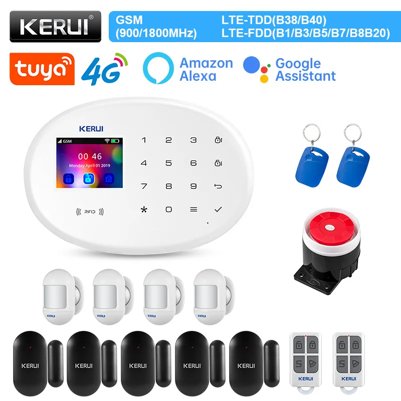 kit sistema de alarme gsm inteligente tuya seguranca em casa wi fi casa controle remoto app sem fio alarme anti roubo 24 tela kerui w204 4g 01