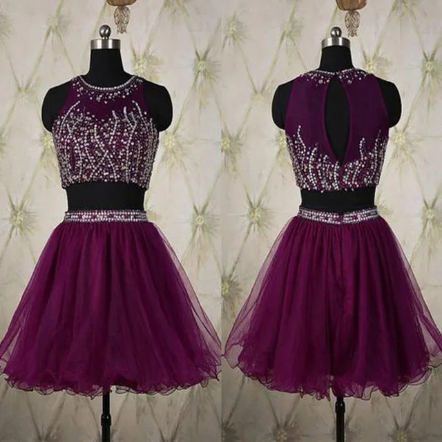 

ANGELSBRIDEP Cheap Two Pieces Purple Beading Tulle Homecoming Dresses A-Line Short Mini Cocktail Party Dresse