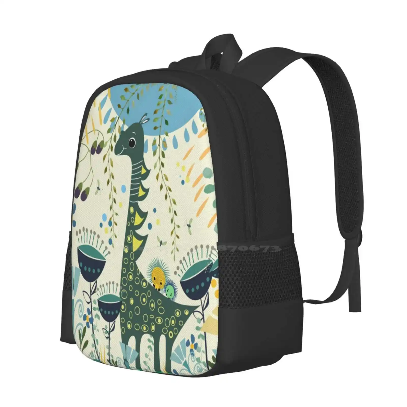 Little Dino Teen College Student Backpack Pattern Design Bags Dino Flowers Childeren Blue Green Nature Garden