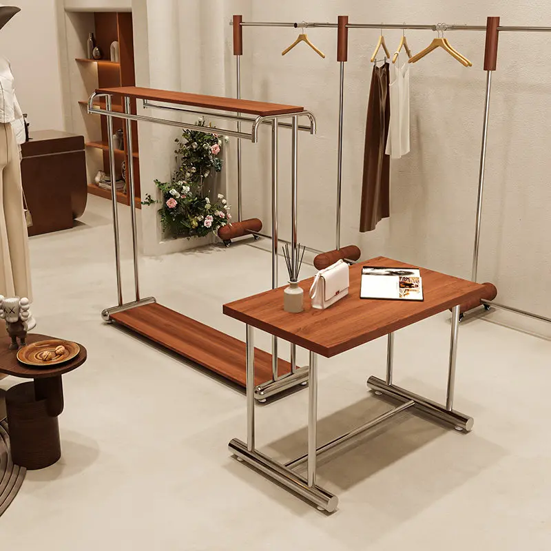 Clothing store Nakajima display rack placed in the middle of stainless steel walnut color double row hanger women's clothing sto