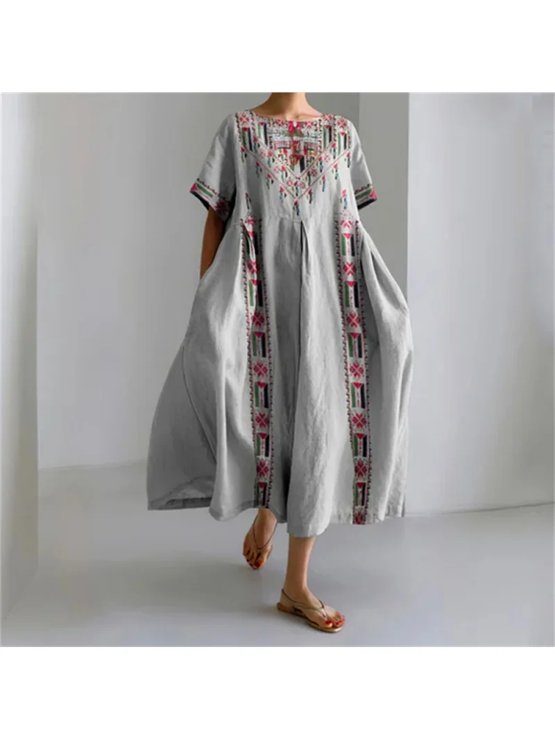 2025 New skirt Ethnic Tribal style short sleeve long skirt casual women's fashion loose crew neck dress pocket beach wear