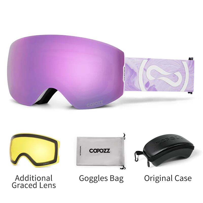 COPOZZ Newest Magnetic Ski Goggles UV400 Protection Anti-Fog Ski Glasses For Men Women Snowboard Goggles Night Lens Case Set