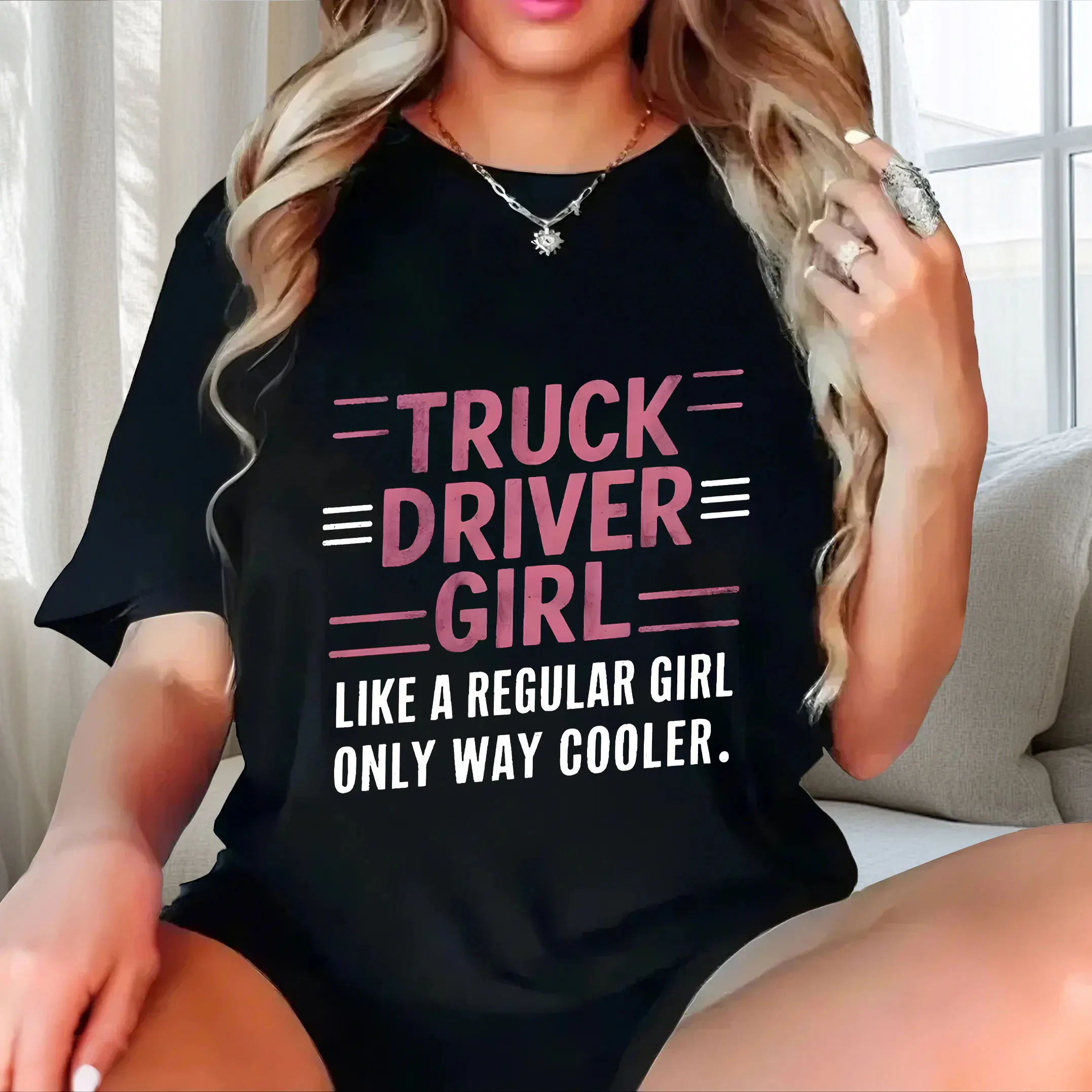 

Pink and white minimalist personalized English print plus size Ladies' casual short sleeved T-shirt black