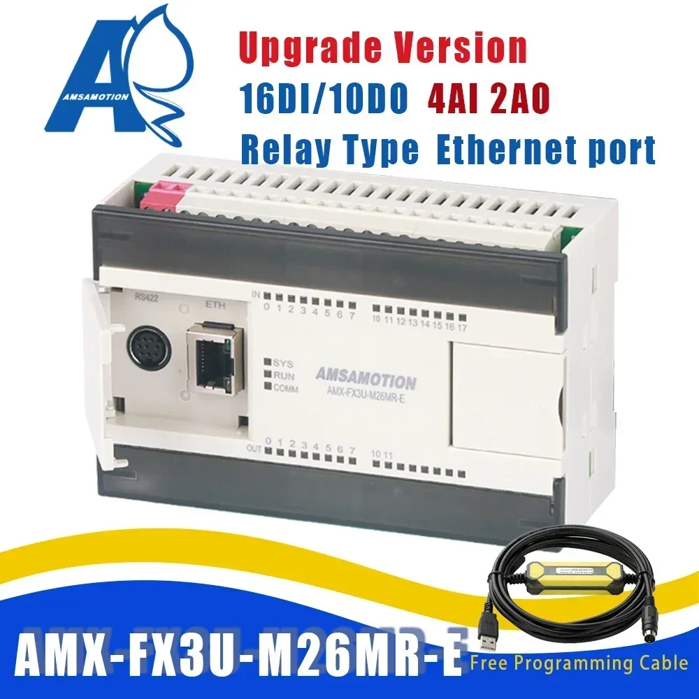 Upgrade AMX-FX3U-26MR Ethernet PLC 4AI/2AO 16I/10O Compatible with Mitsubishi MELSEC Controller Relay MODBUS RTU Cable PLC FX3U